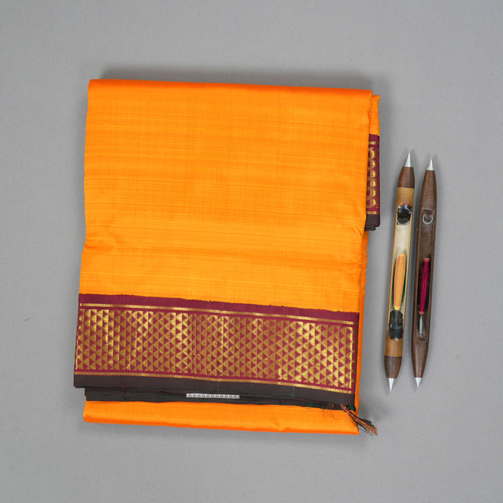 Hayagrivas Handloom Mango Yellow Ten Yards Silk Saree with Maroon Border KBF195E4-1
