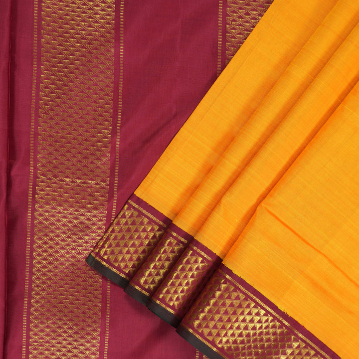 Hayagrivas Handloom Mango Yellow Ten Yards Silk Saree with Maroon Border KBF195E4-1