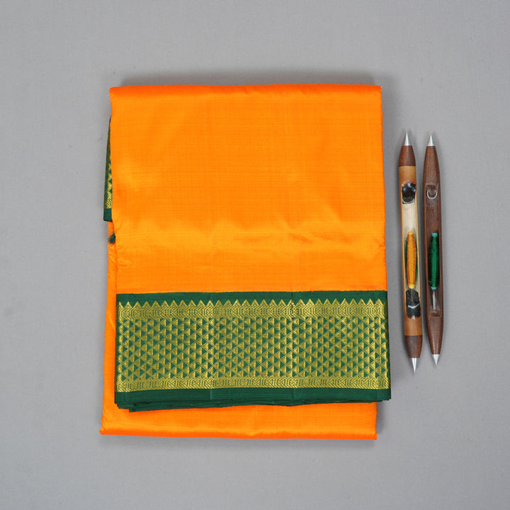 Hayagrivas Handloom Mango Yellow Ten Yards Silk Saree with Bottle Green Border KBF195E5-1