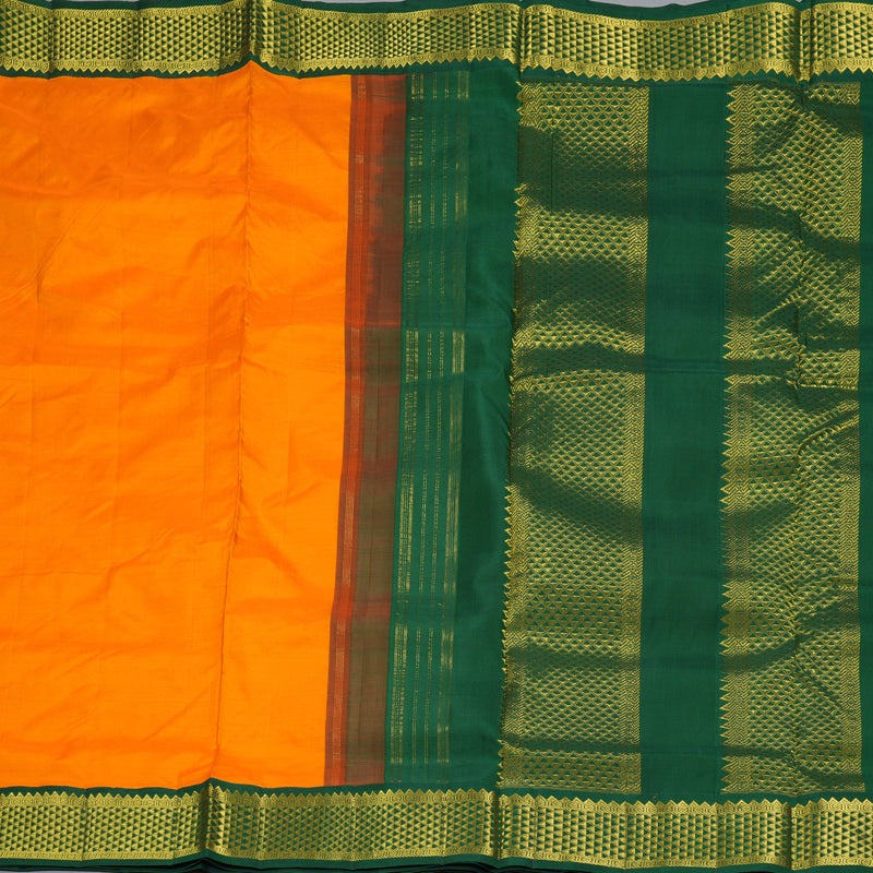Hayagrivas Handloom Mango Yellow Ten Yards Silk Saree with Bottle Green Border KBF195E5-1