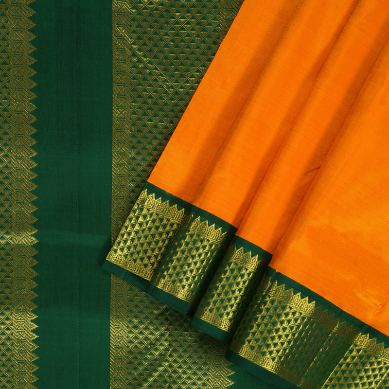 Hayagrivas Handloom Mango Yellow Ten Yards Silk Saree with Bottle Green Border KBF195E5-1