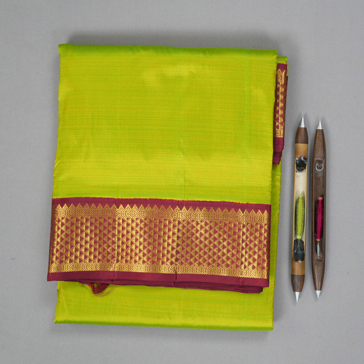 Hayagrivas Handloom Fluorescent Green Ten Yards Silk Saree with Maroon Border KBF195E6-1