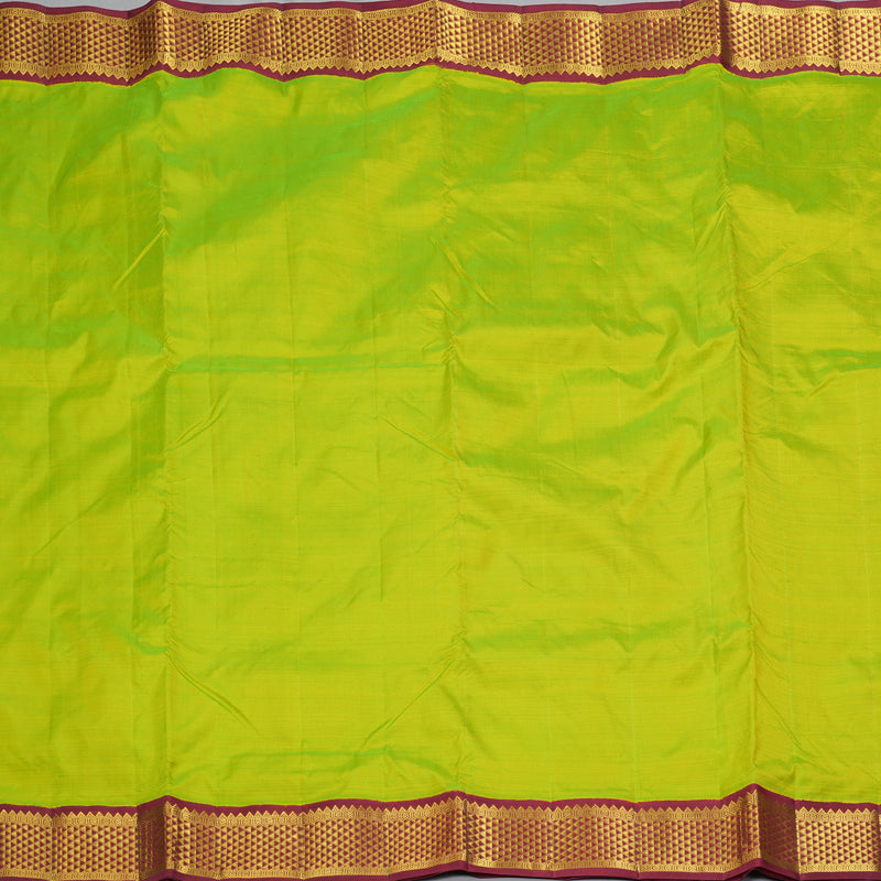 Hayagrivas Handloom Fluorescent Green Ten Yards Silk Saree with Maroon Border KBF195E6-1