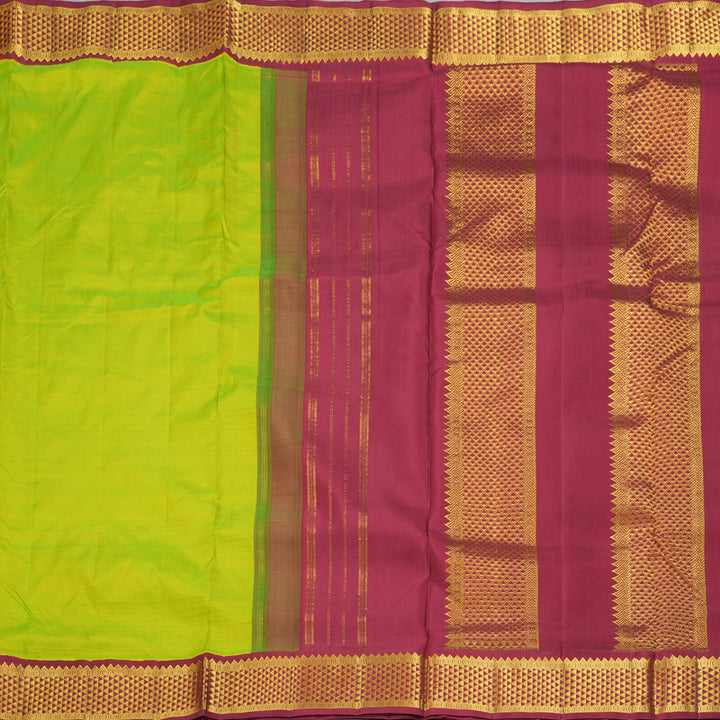 Hayagrivas Handloom Fluorescent Green Ten Yards Silk Saree with Maroon Border KBF195E6-1