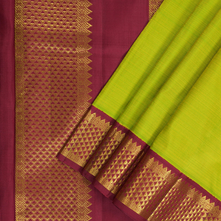 Hayagrivas Handloom Fluorescent Green Ten Yards Silk Saree with Maroon Border KBF195E6-1