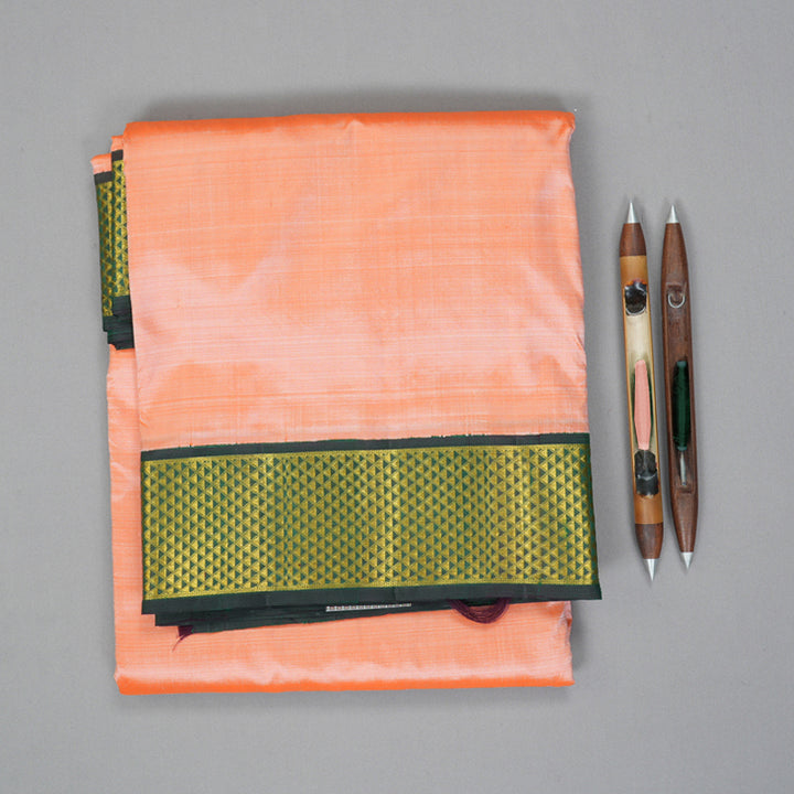 Hayagrivas Handloom Peach Orange Ten Yards Silk Saree with Karpagam Pachai Border KBF195E6-2