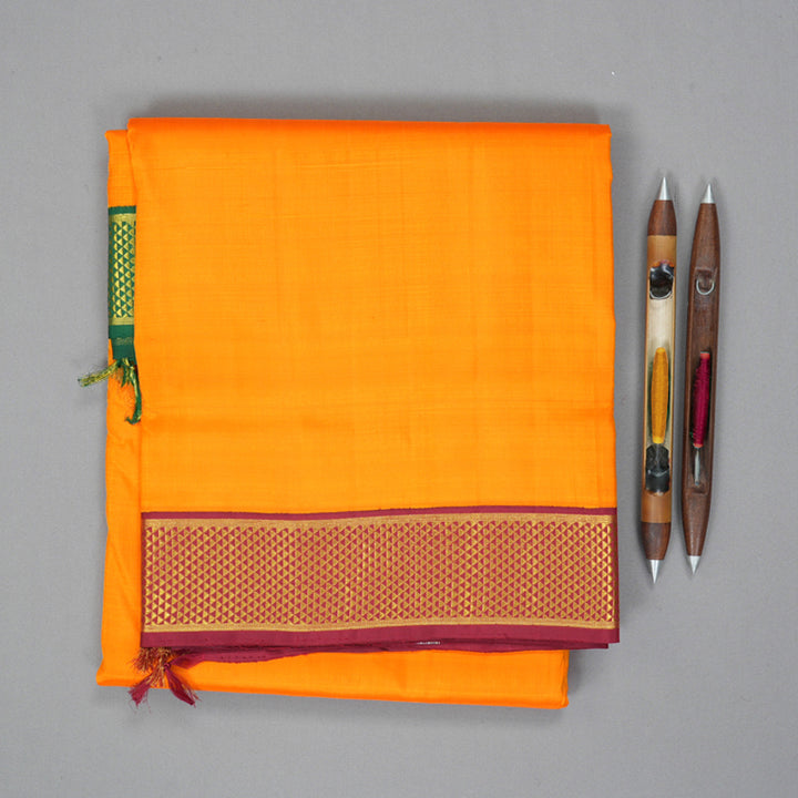 Hayagrivas Handloom Mango Yellow Ten Yards Silk Saree with Maroon & Green (Ganga Jamuna) Border KBF195E7-1