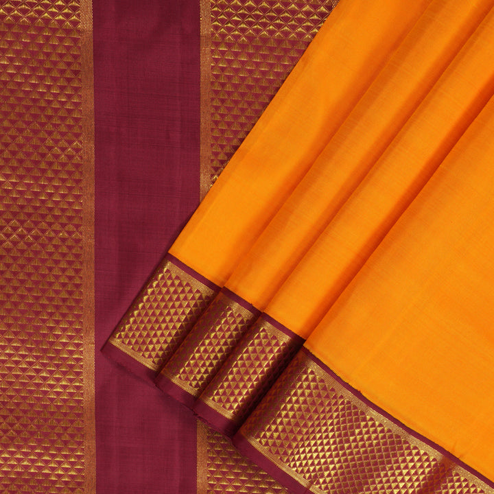 Hayagrivas Handloom Mango Yellow Ten Yards Silk Saree with Maroon & Green (Ganga Jamuna) Border KBF195E7-1