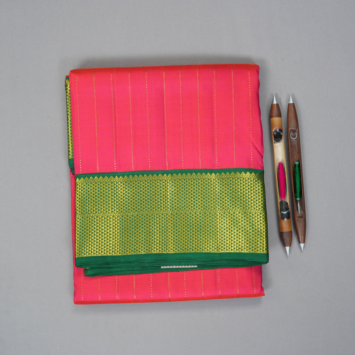 Hayagrivas Handloom Rani Pink Ten Yards Silk Saree with Green Border KBF195E8-1