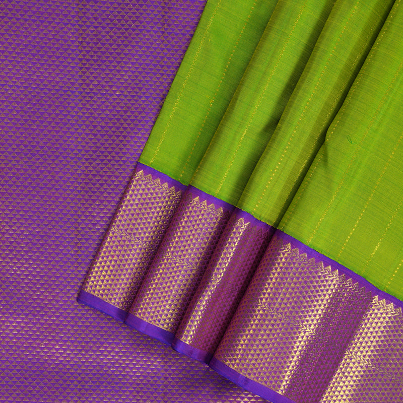 Hayagrivas Handloom Fluorescent Green Ten Yards Silk Saree with Purple Border KBF195E8-2