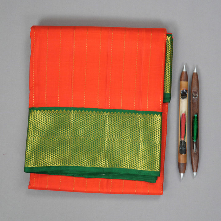 Hayagrivas Handloom Orange Ten Yards Silk Saree with Green Border KBF195E8-3