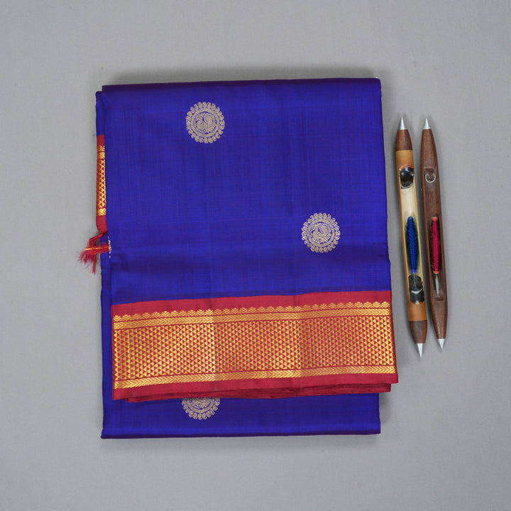 Hayagrivas Handloom MS Blue Ten Yards Silk Saree with Maroon Border KBF195E9-1