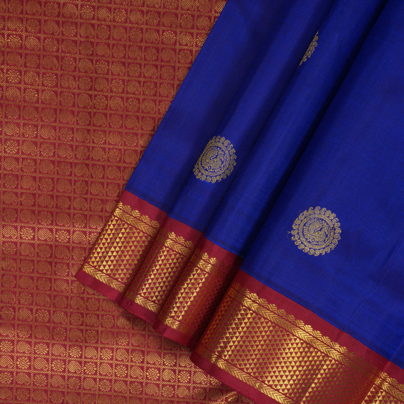 Hayagrivas Handloom MS Blue Ten Yards Silk Saree with Maroon Border KBF195E9-1