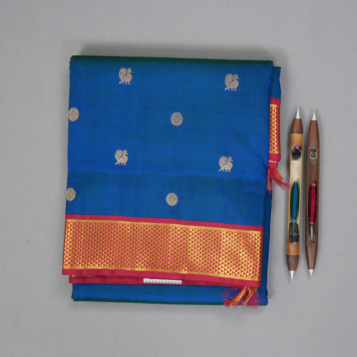 Hayagrivas Handloom Peacock Blue Ten Yards Silk Saree with Araku Maroon Border KBF195E9-2