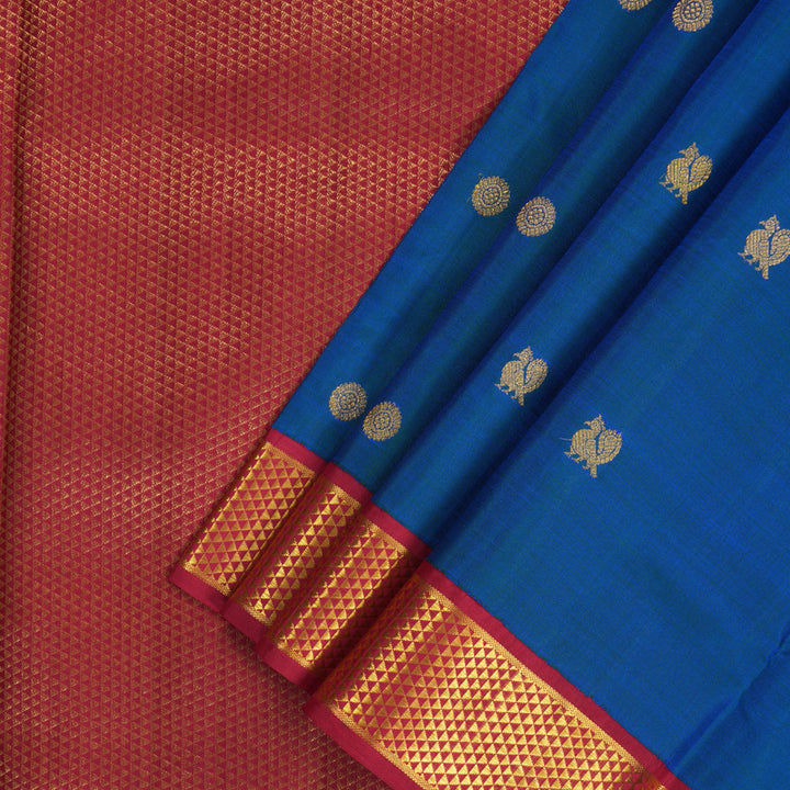 Hayagrivas Handloom Peacock Blue Ten Yards Silk Saree with Araku Maroon Border KBF195E9-2