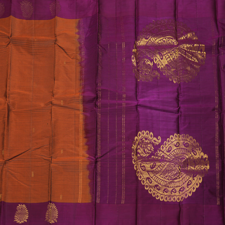 Hayagrivas Handloom Rust Orange Kanjivaram Silk Saree with Purple Border KBF196E1-1