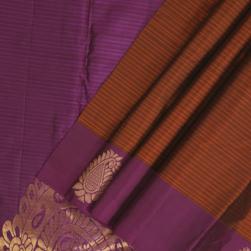 Hayagrivas Handloom Rust Orange Kanjivaram Silk Saree with Purple Border KBF196E1-1