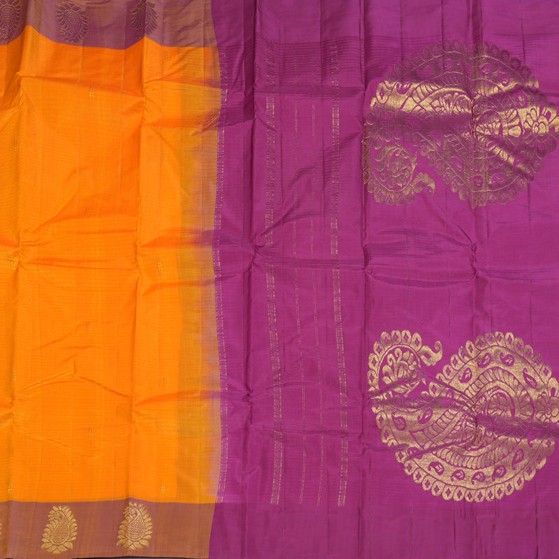 Hayagrivas Handloom Mango Yellow Kanjivaram Silk Sarees with Purple Border KBF196E1-9