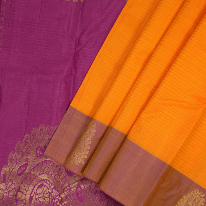 Hayagrivas Handloom Mango Yellow Kanjivaram Silk Sarees with Purple Border KBF196E1-9