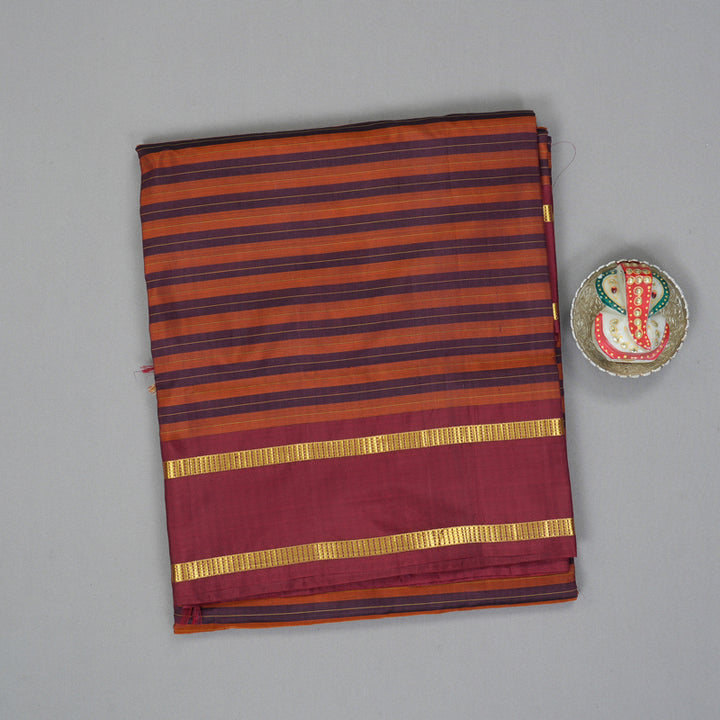 Hayagrivas Handloom Rust Orange with Maroon Stripes Ten Yards Silk Saree KBF197E1-10