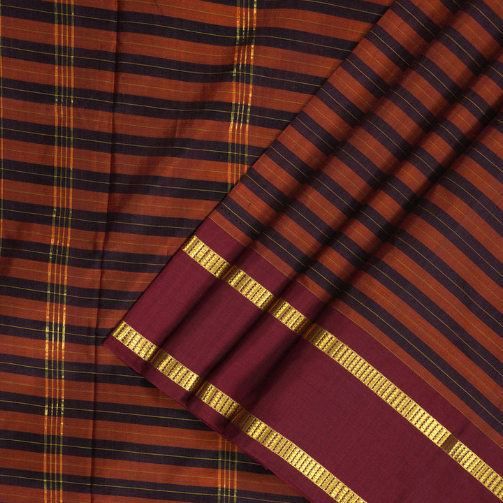 Hayagrivas Handloom Rust Orange with Maroon Stripes Ten Yards Silk Saree KBF197E1-10
