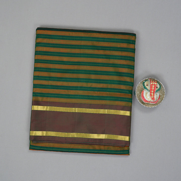 Hayagrivas Handloom Orange with Bottle Green Stripes Ten Yards Silk Saree KBF197E1-1