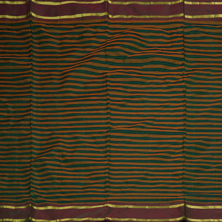 Hayagrivas Handloom Orange with Bottle Green Stripes Ten Yards Silk Saree KBF197E1-1