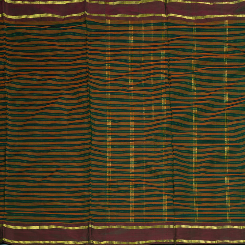 Hayagrivas Handloom Orange with Bottle Green Stripes Ten Yards Silk Saree KBF197E1-1