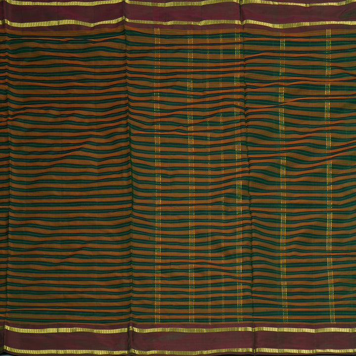 Hayagrivas Handloom Orange with Bottle Green Stripes Ten Yards Silk Saree KBF197E1-1