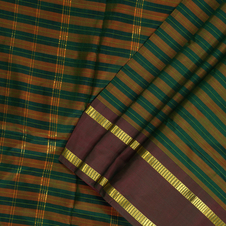 Hayagrivas Handloom Orange with Bottle Green Stripes Ten Yards Silk Saree KBF197E1-1