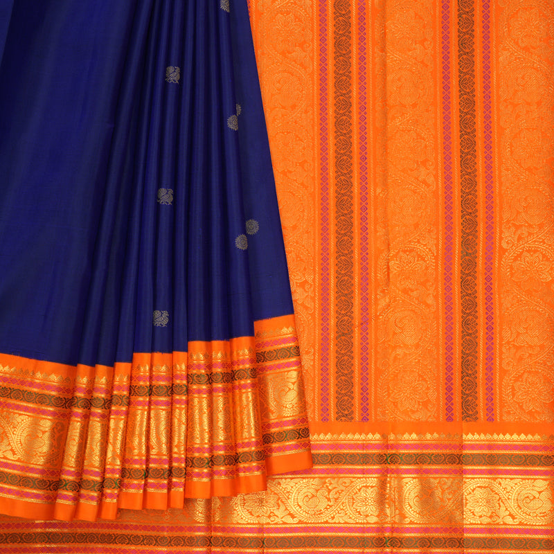 Hayagrivas Handloom MS Blue Kanjivaram Silk Saree with Orange Border KBF19D1-4