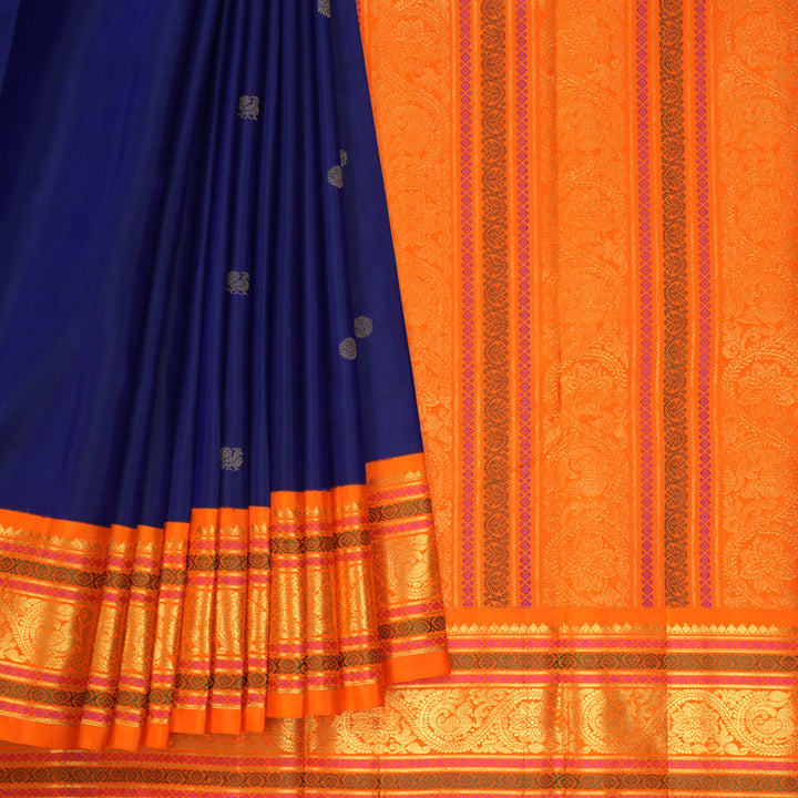 Hayagrivas Handloom MS Blue Kanjivaram Silk Saree with Orange Border KBF19D1-4
