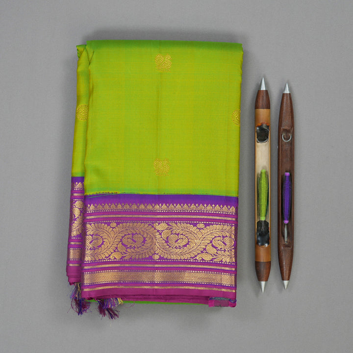 Hayagrivas Handloom Fluorescent Green Kanjivaram Silk Saree with Purple Border KBF19D2-1