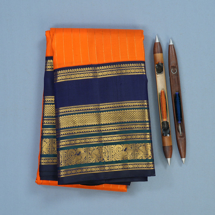 Hayagrivas Handloom Orange Kanjivaram Silk Saree with Navy Blue Border KBF19D4-1