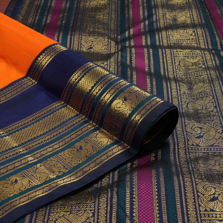 Hayagrivas Handloom Orange Kanjivaram Silk Saree with Navy Blue Border KBF19D4-1