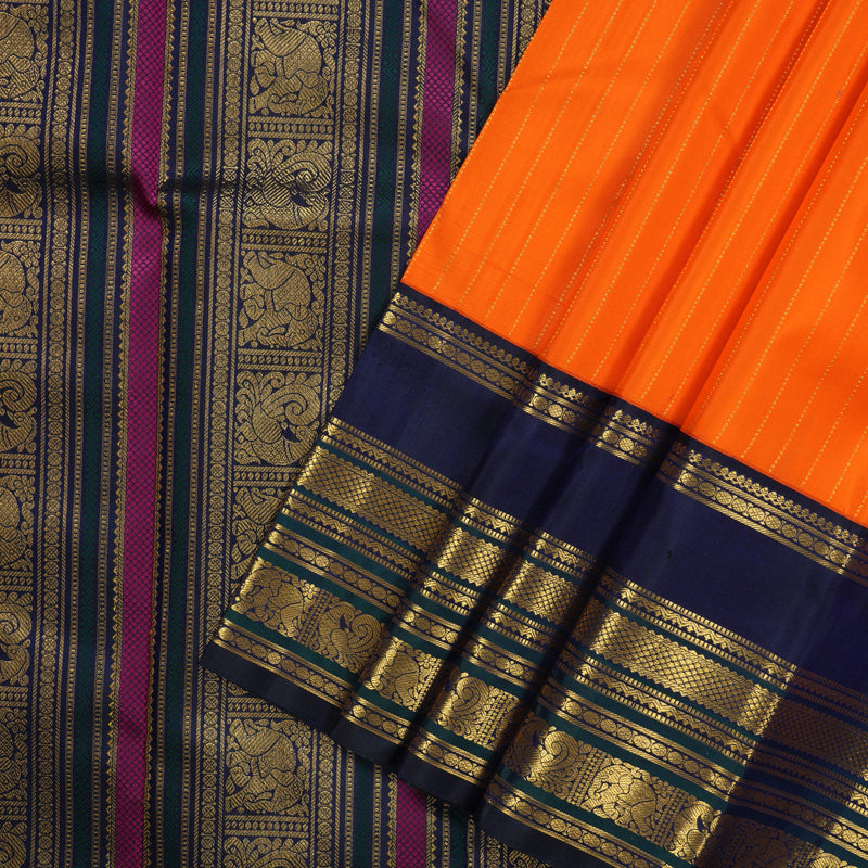Hayagrivas Handloom Orange Kanjivaram Silk Saree with Navy Blue Border KBF19D4-1