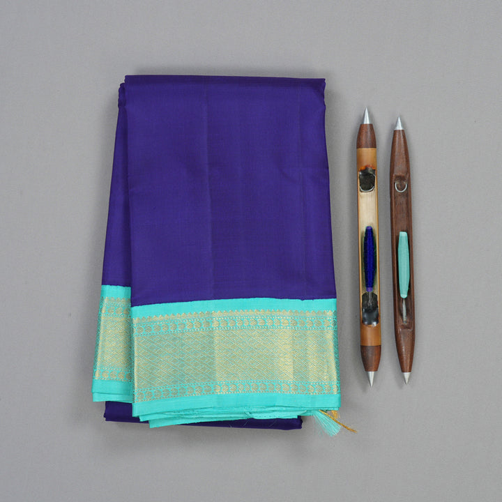 Hayagrivas Handloom Dark Blue Kanjivaram Silk Saree with Bright Teal Border KBF1D11-1