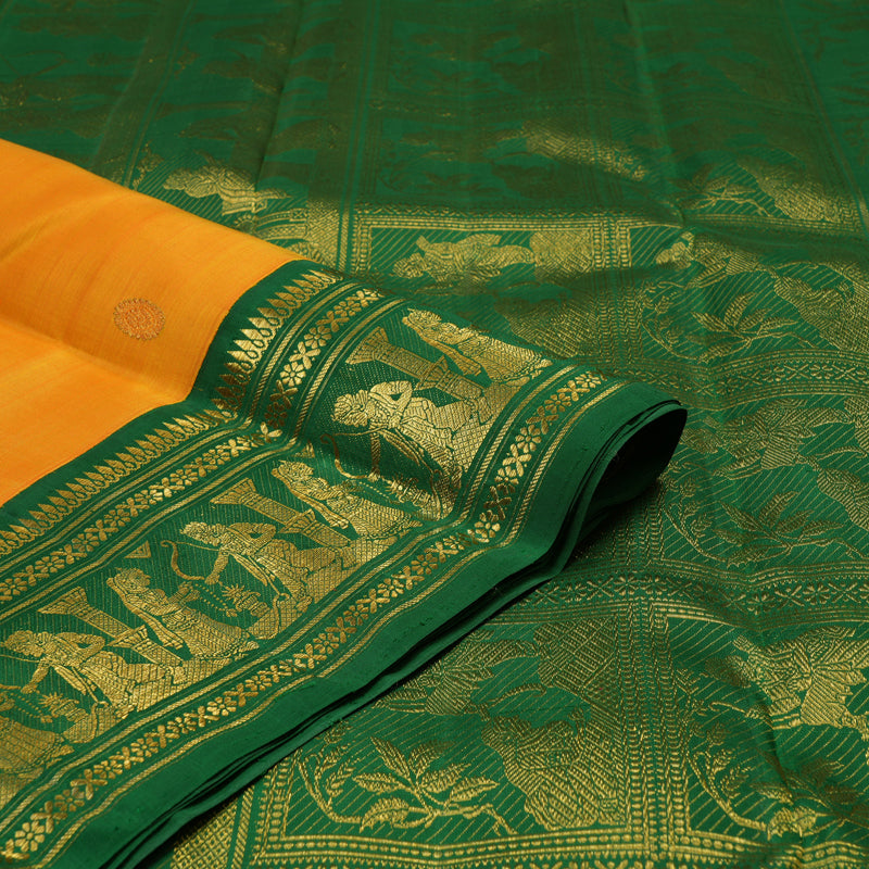 Hayagrivas Handloom Mambazham Yellow Kanjivaram Silk Saree with Dark Green Border KBF1D19-1