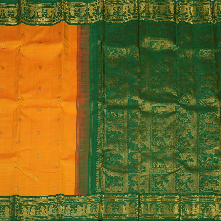Hayagrivas Handloom Mambazham Yellow Kanjivaram Silk Saree with Dark Green Border KBF1D19-1