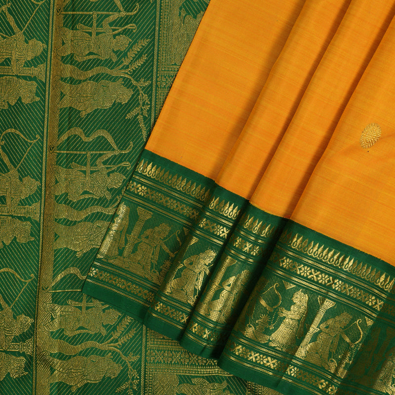 Hayagrivas Handloom Mambazham Yellow Kanjivaram Silk Saree with Dark Green Border KBF1D19-1