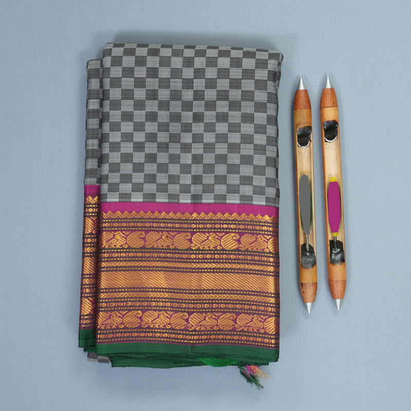 Hayagrivas Handloom Black &amp; Grey (Carpet Checks) Kanjivaram Silk Saree with Purple Border KBF203E2-1