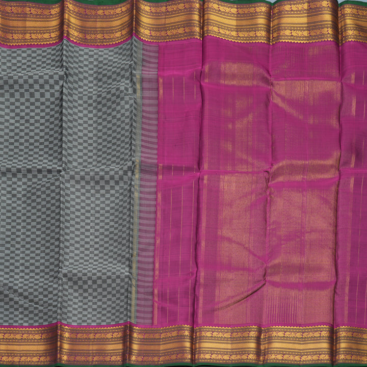 Hayagrivas Handloom Black &amp; Grey (Carpet Checks) Kanjivaram Silk Saree with Purple Border KBF203E2-1