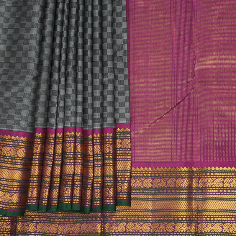 Hayagrivas Handloom Black &amp; Grey (Carpet Checks) Kanjivaram Silk Saree with Purple Border KBF203E2-1