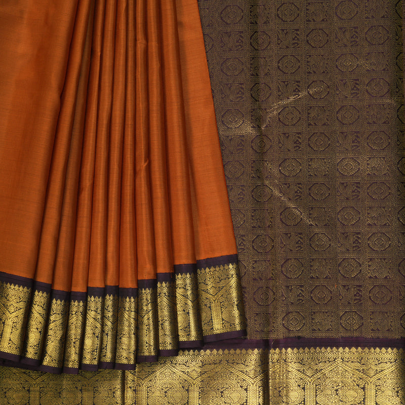 Hayagrivas Handloom Turmeric Yellow Kanjivaram Silk Saree with Plum Purple Border KBF203E4-3