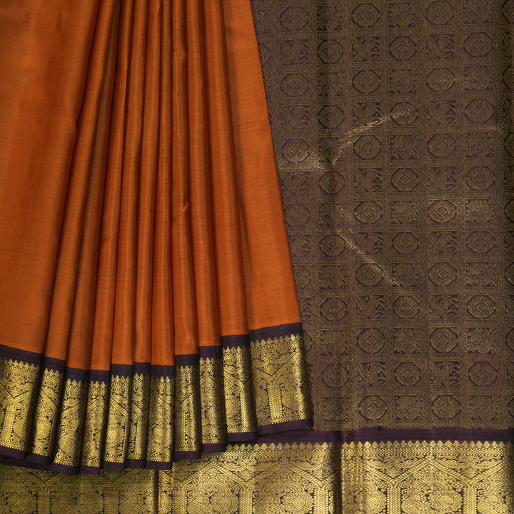 Hayagrivas Handloom Turmeric Yellow Kanjivaram Silk Saree with Plum Purple Border KBF203E4-3