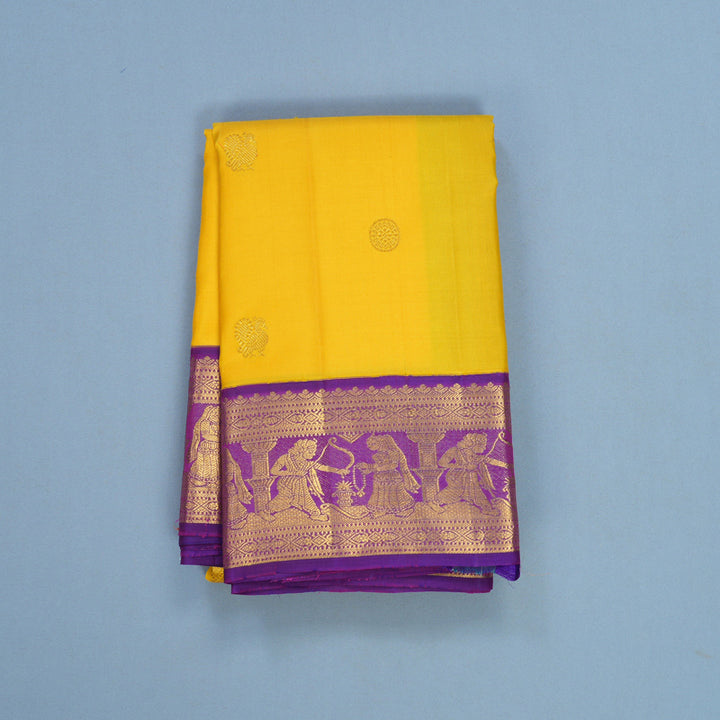 Hayagrivas Handloom Yellow Kanjivaram Silk Saree with Purple Border KBF205E16-1