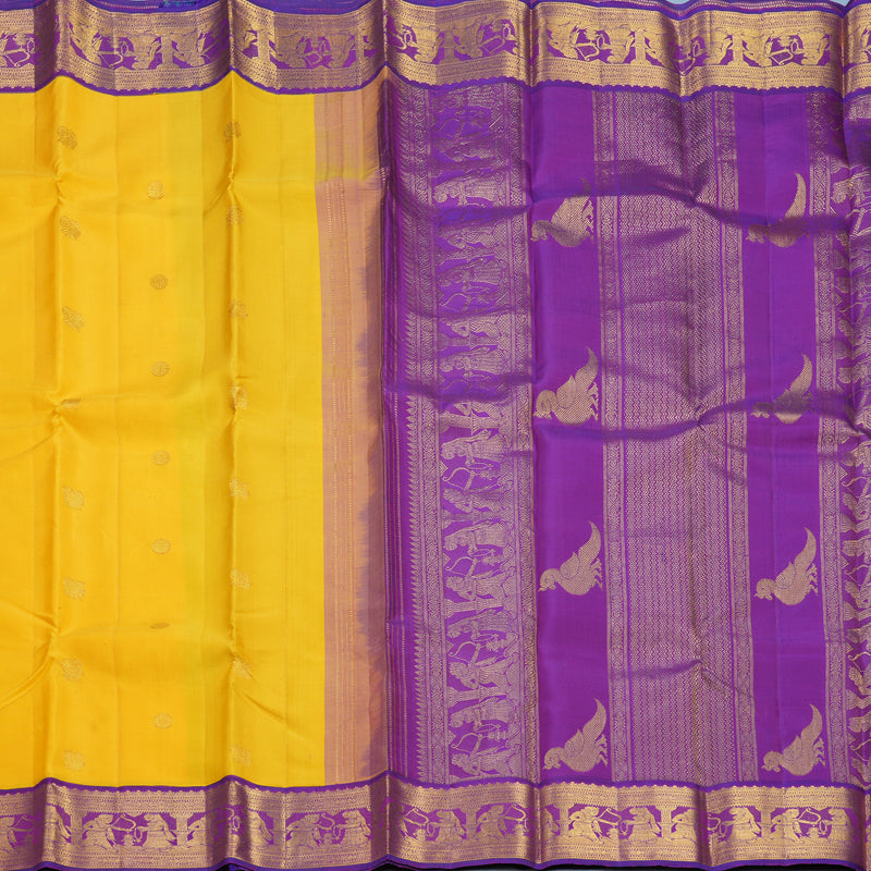 Hayagrivas Handloom Yellow Kanjivaram Silk Saree with Purple Border KBF205E16-1