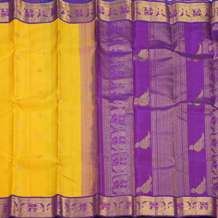 Hayagrivas Handloom Yellow Kanjivaram Silk Saree with Purple Border KBF205E16-1