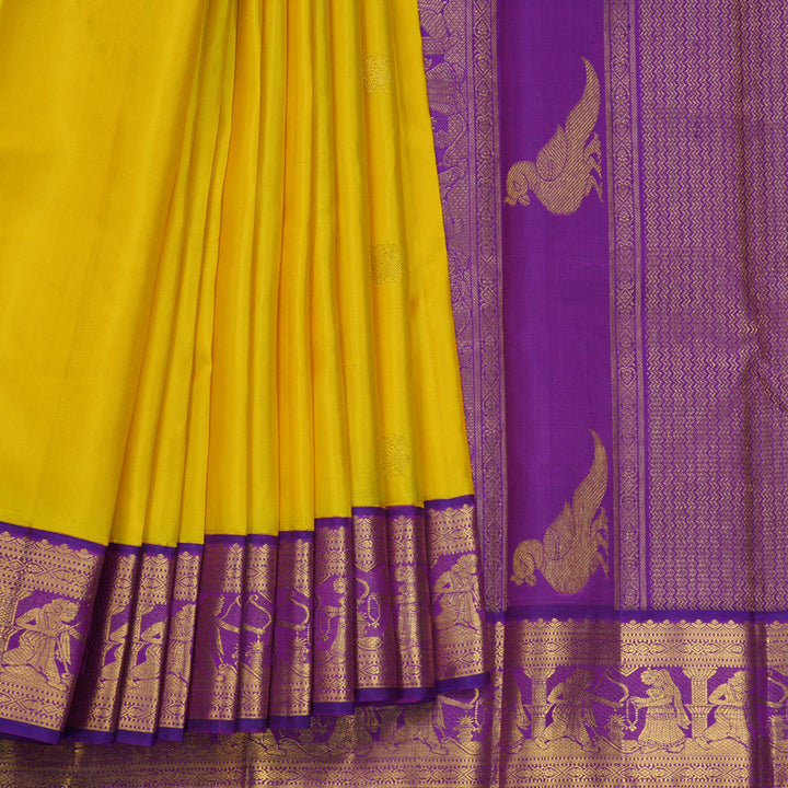 Hayagrivas Handloom Yellow Kanjivaram Silk Saree with Purple Border KBF205E16-1