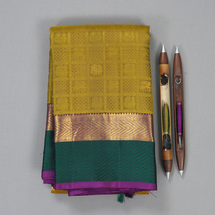 Hayagrivas Handloom Sampanga Yellow Kanjivaram Silk Saree with Peacock Green Border KBF205E25-1